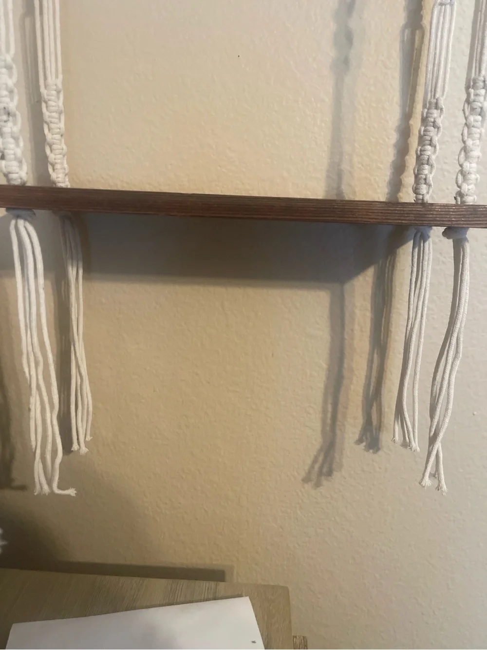 Boho White Macramé Hanging Wall Shelf with Dark Wood Panels